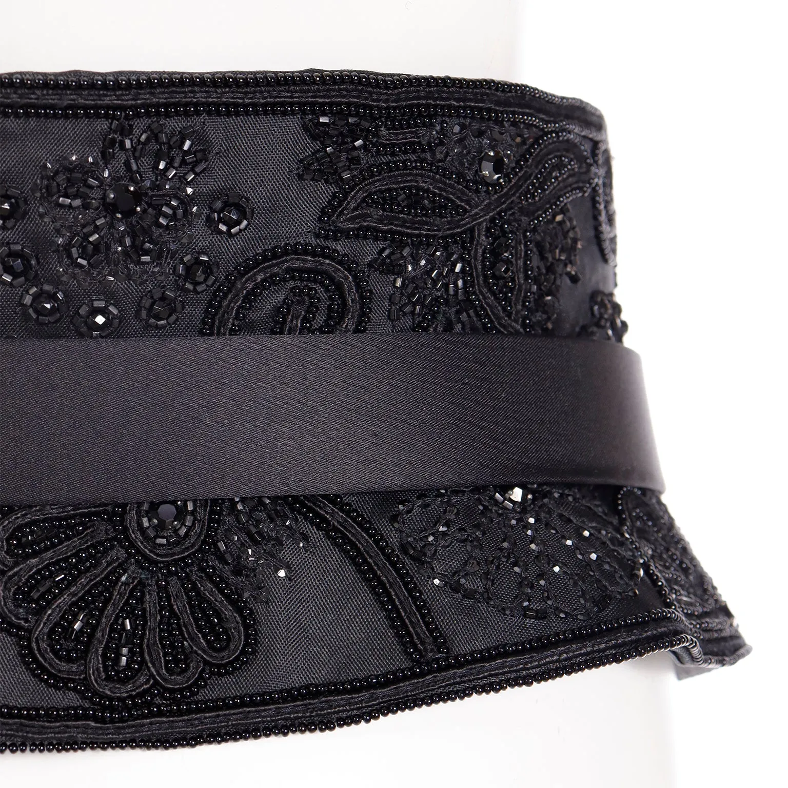 1990s Oscar de la Renta Wide Black Beaded Belt w Satin Trim & Buckle