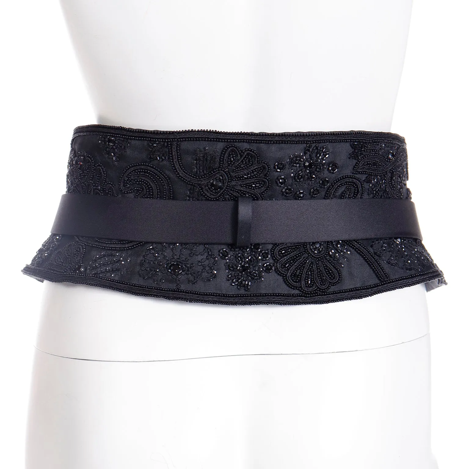 1990s Oscar de la Renta Wide Black Beaded Belt w Satin Trim & Buckle