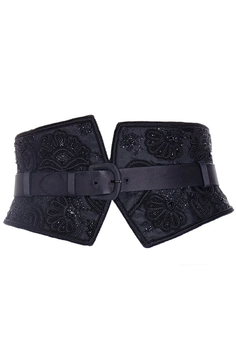 1990s Oscar de la Renta Wide Black Beaded Belt w Satin Trim & Buckle