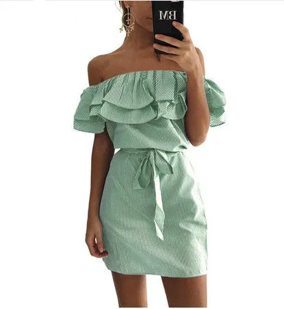 4 colour 2017 Summer Fashion Women's New Striped Dresses Sexy Ruffle Dress Casual Style Comfortable Pretty Canonicals with belt