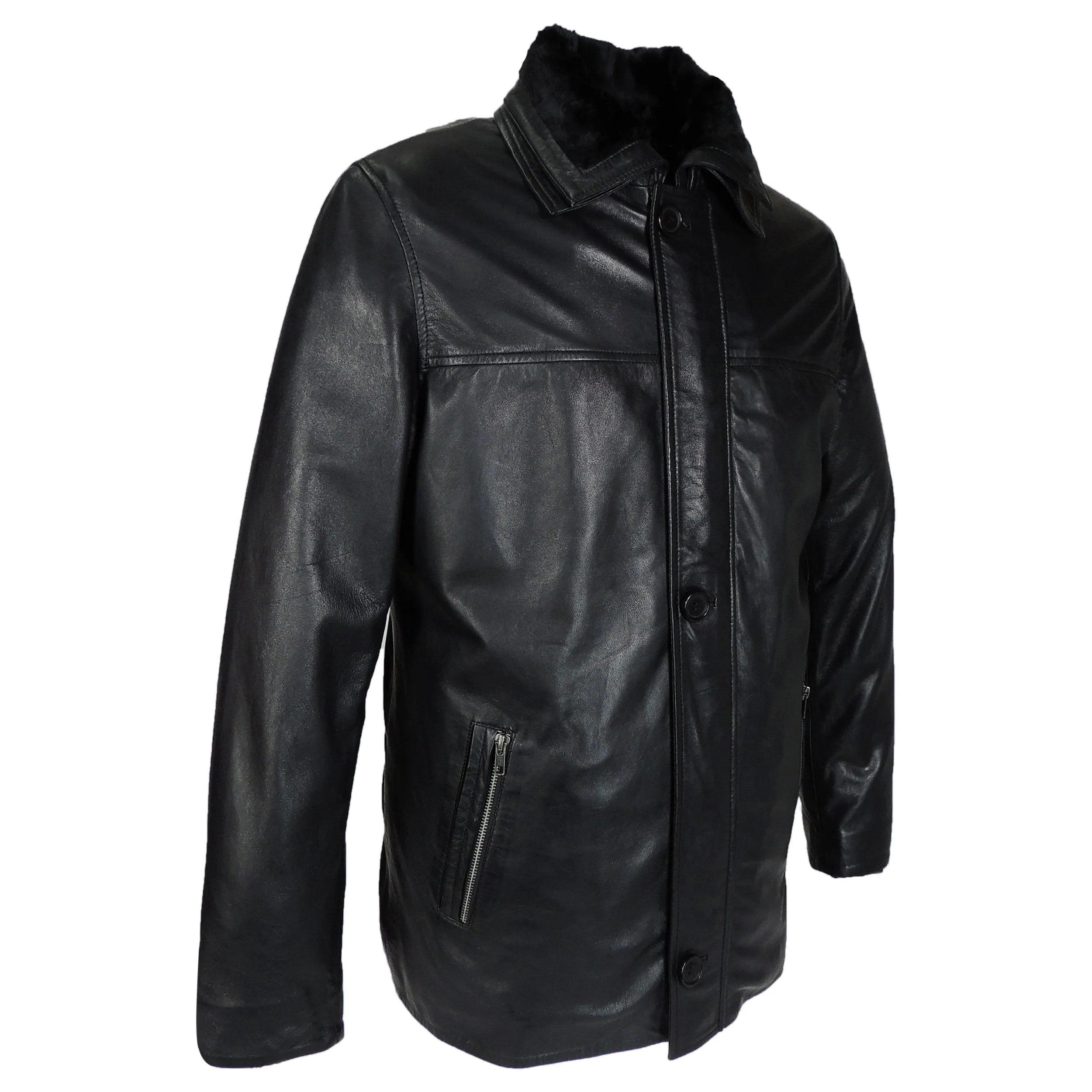 Ahsa Mens Leather Coat w/ Fur Collar