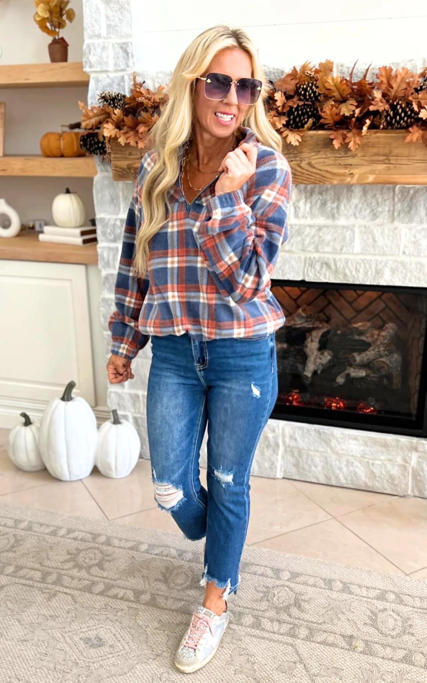 Autumn Morning Wood Brushed Plaid Pullover Top