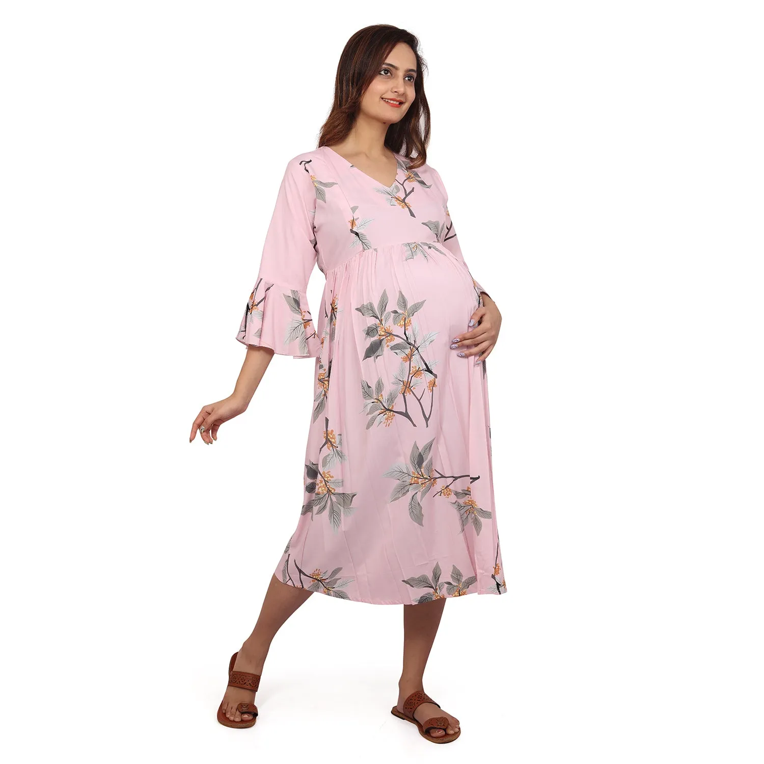 Baby Moo Half Sleeves Comfortable Nursing And Maternity Dress Flower Print - Pink