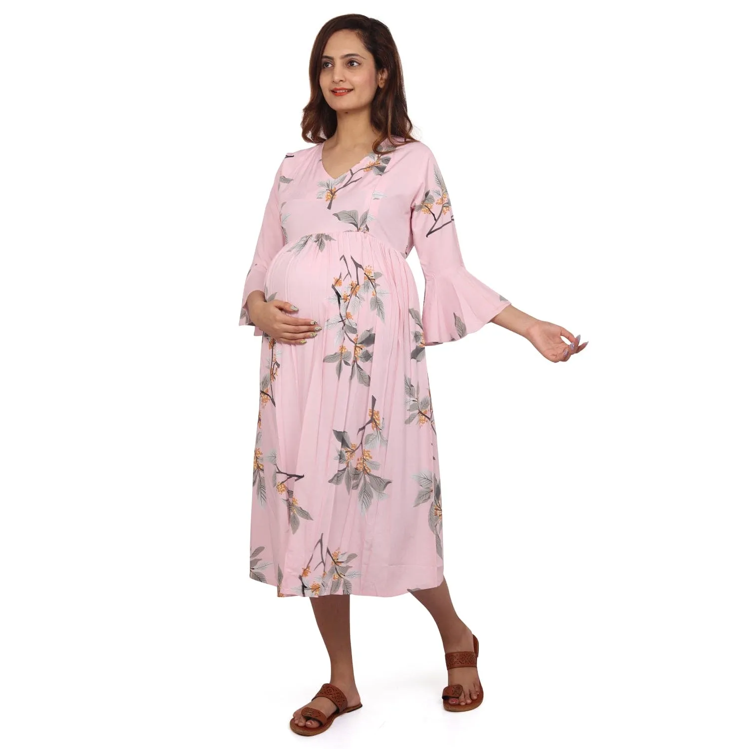 Baby Moo Half Sleeves Comfortable Nursing And Maternity Dress Flower Print - Pink