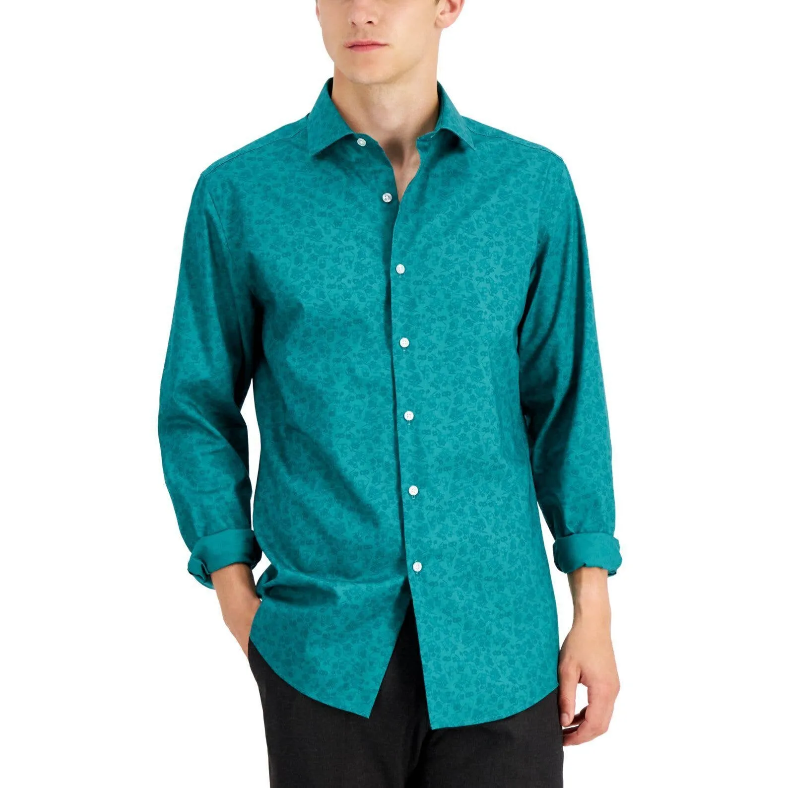 BAR III Men's Emerald Green Sublte Floral Print Button Up Dress Shirt, NWT!!