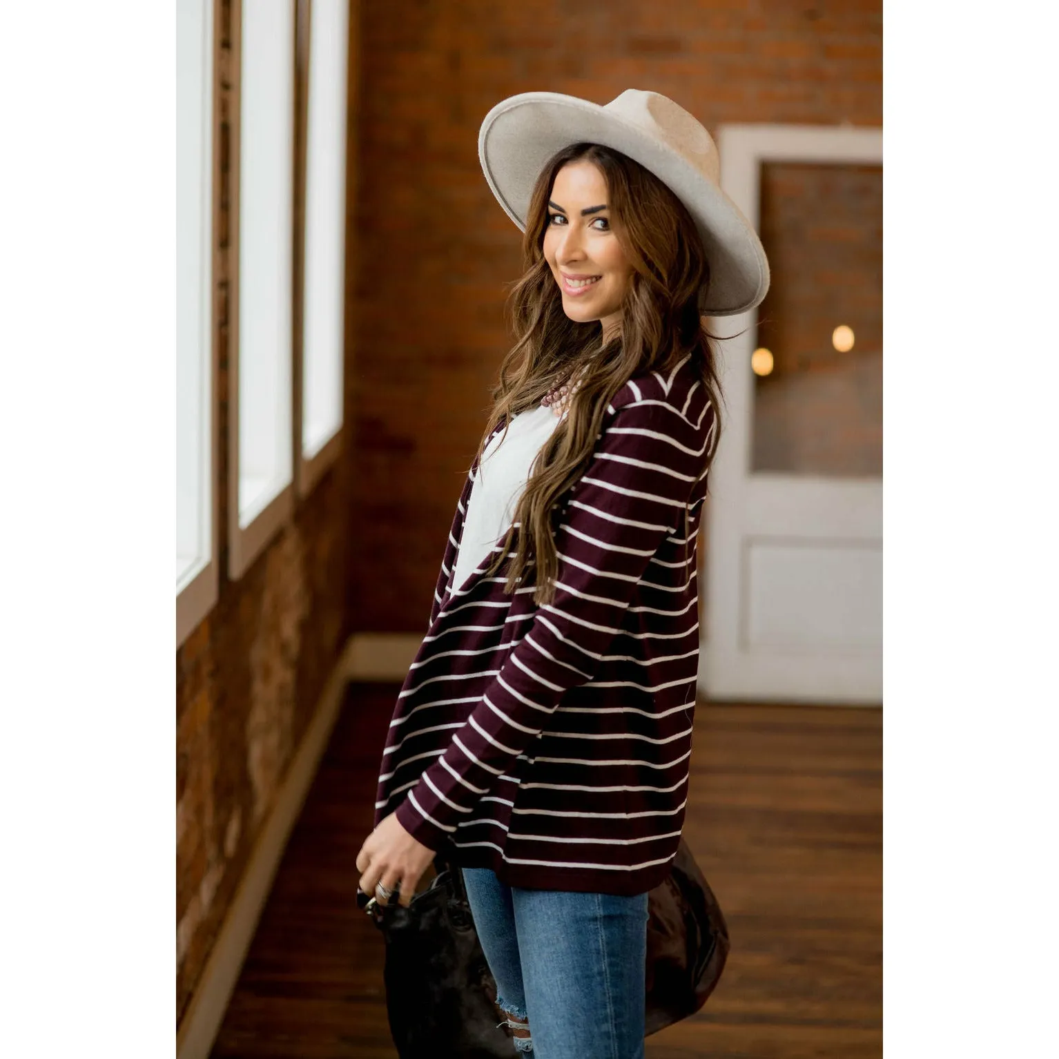 Basic Striped Waterfall Cardigan