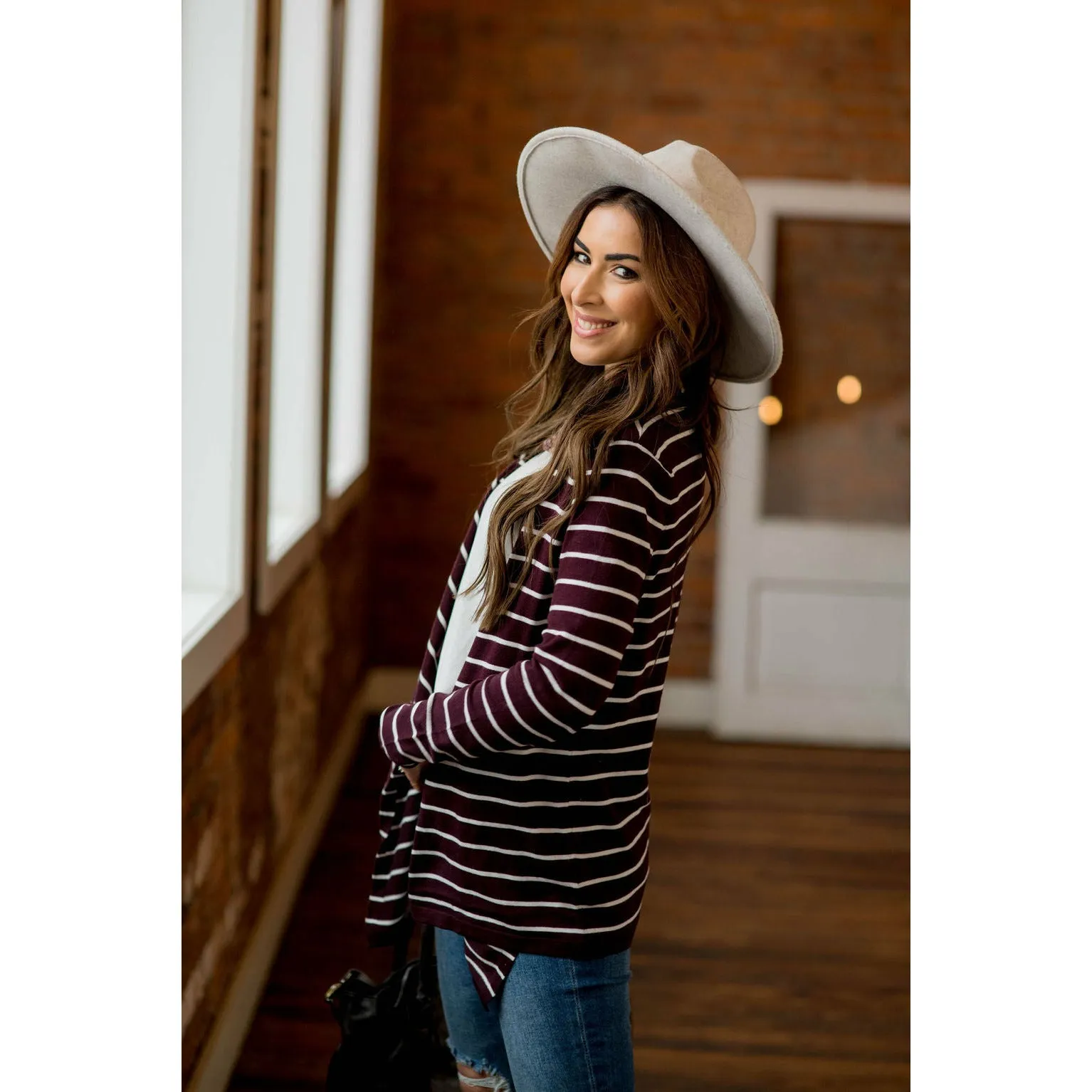 Basic Striped Waterfall Cardigan