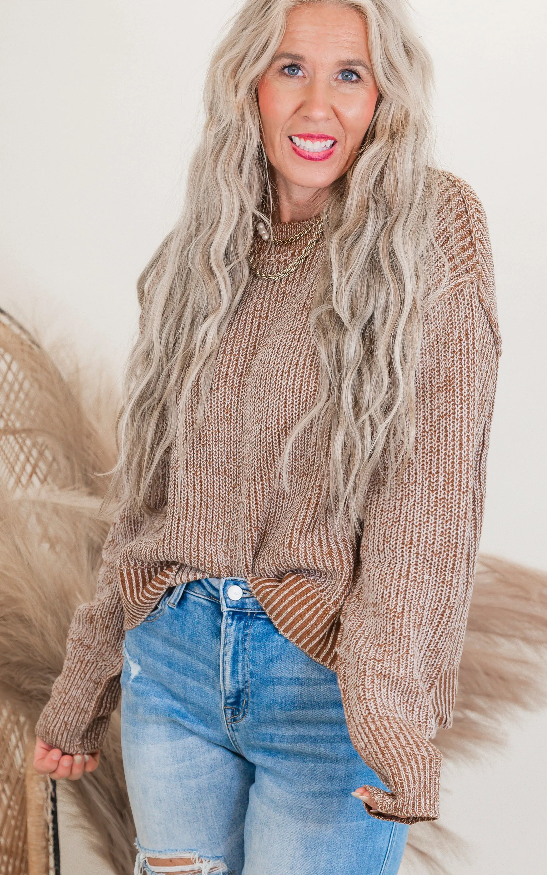 Brown Long Sleeve Solid Knit Sweater