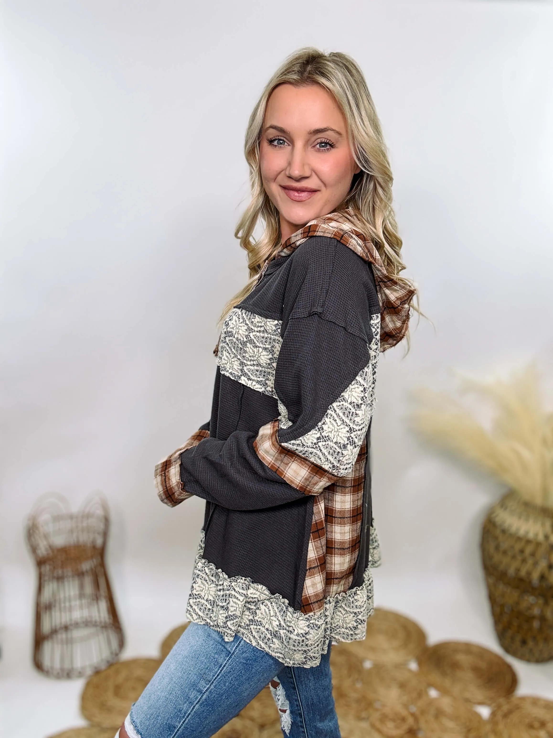 Charcoal Thermal Henley with Plaid Patchwork and Lace Details by POL