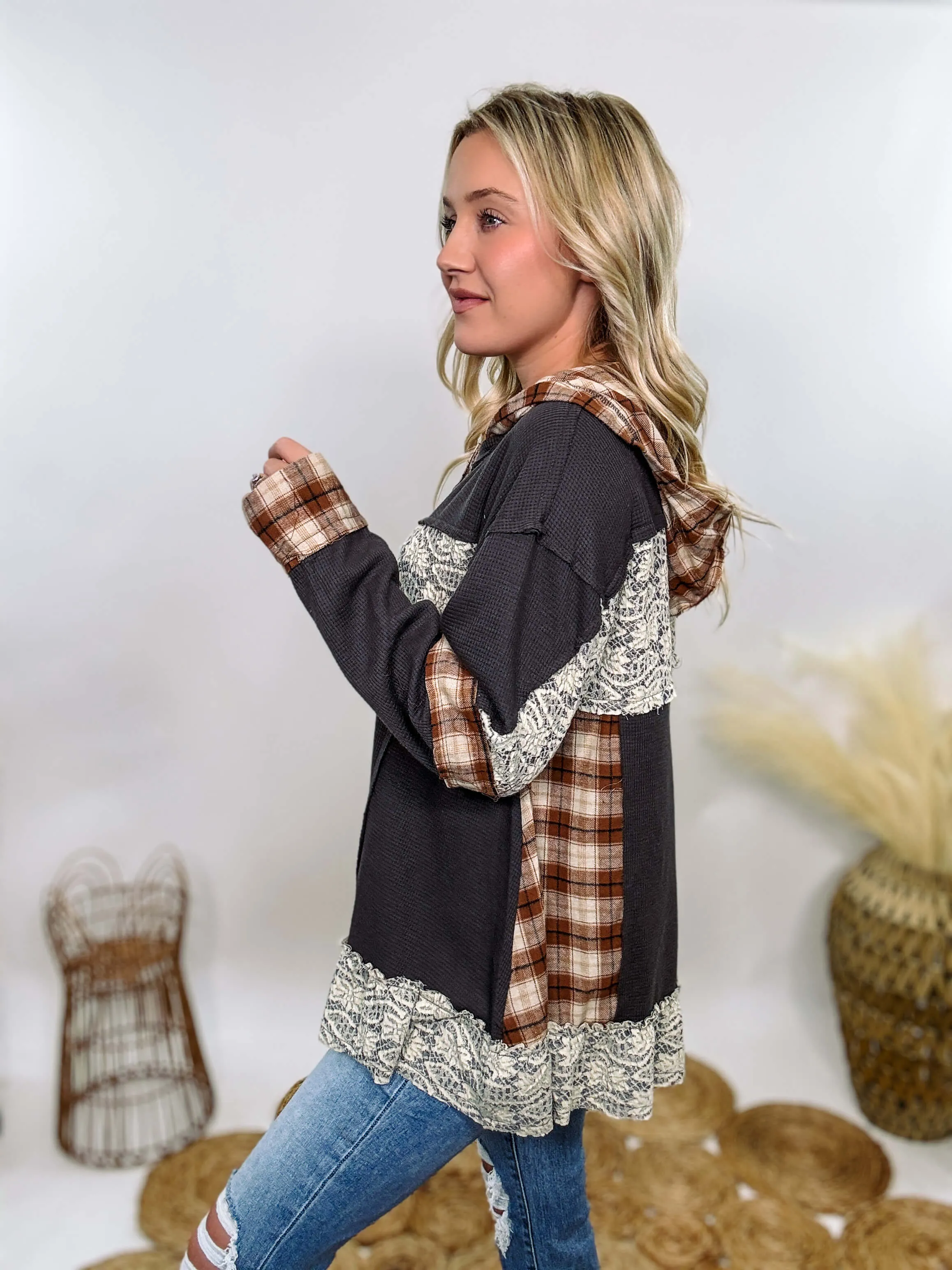 Charcoal Thermal Henley with Plaid Patchwork and Lace Details by POL