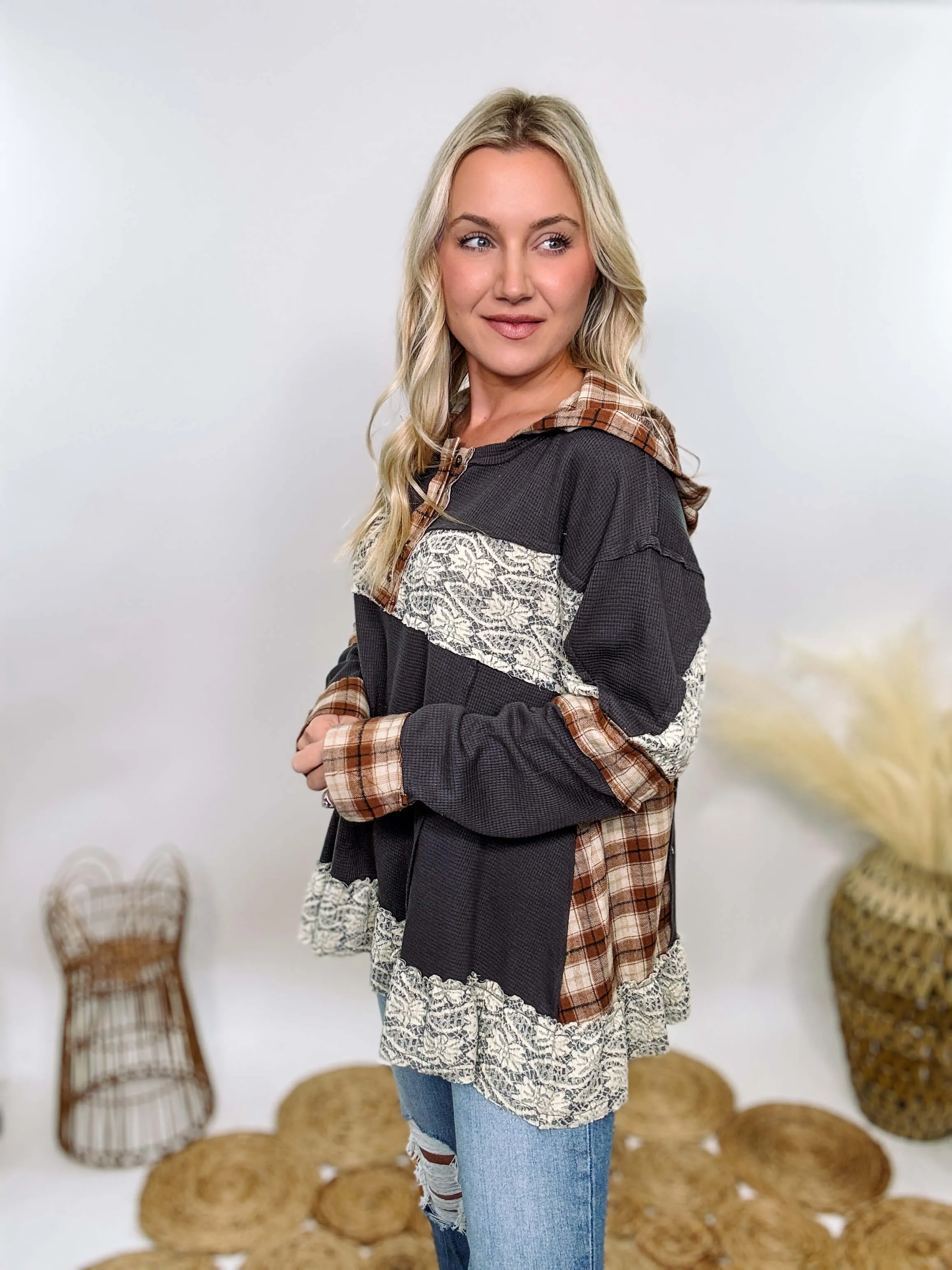 Charcoal Thermal Henley with Plaid Patchwork and Lace Details by POL