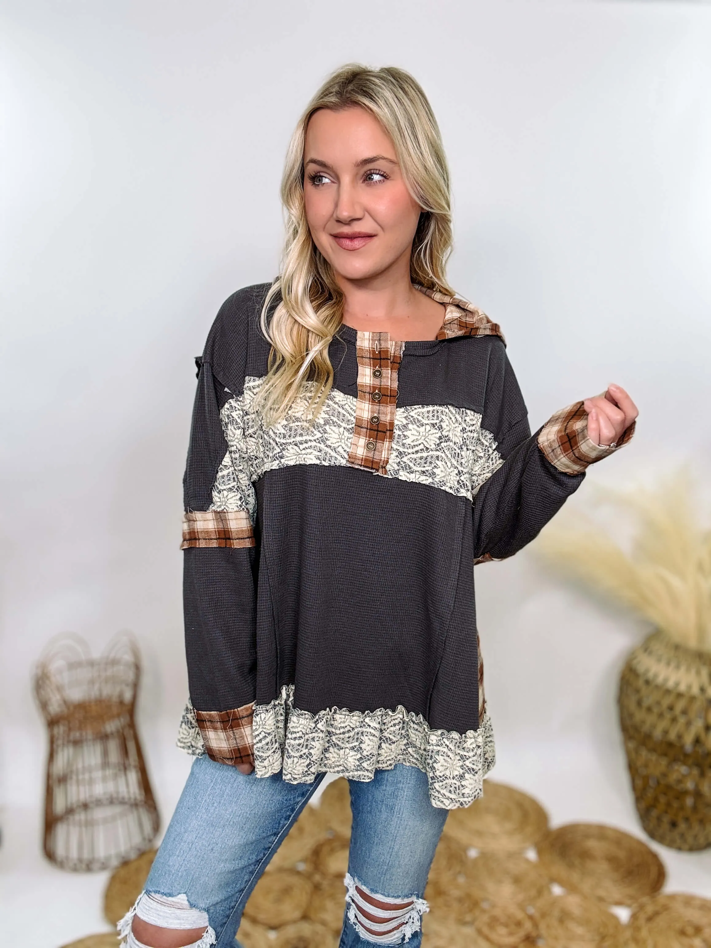 Charcoal Thermal Henley with Plaid Patchwork and Lace Details by POL