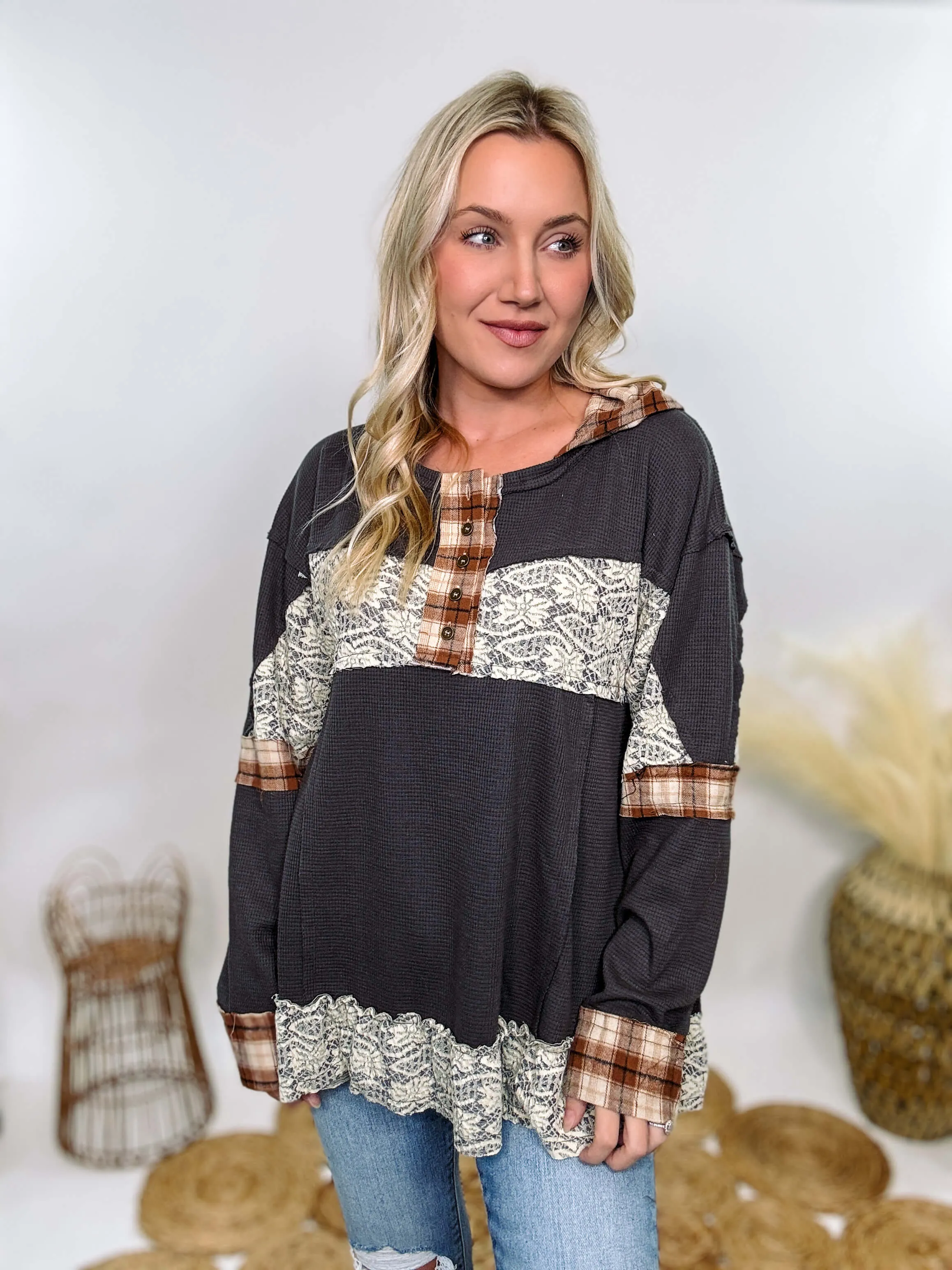 Charcoal Thermal Henley with Plaid Patchwork and Lace Details by POL