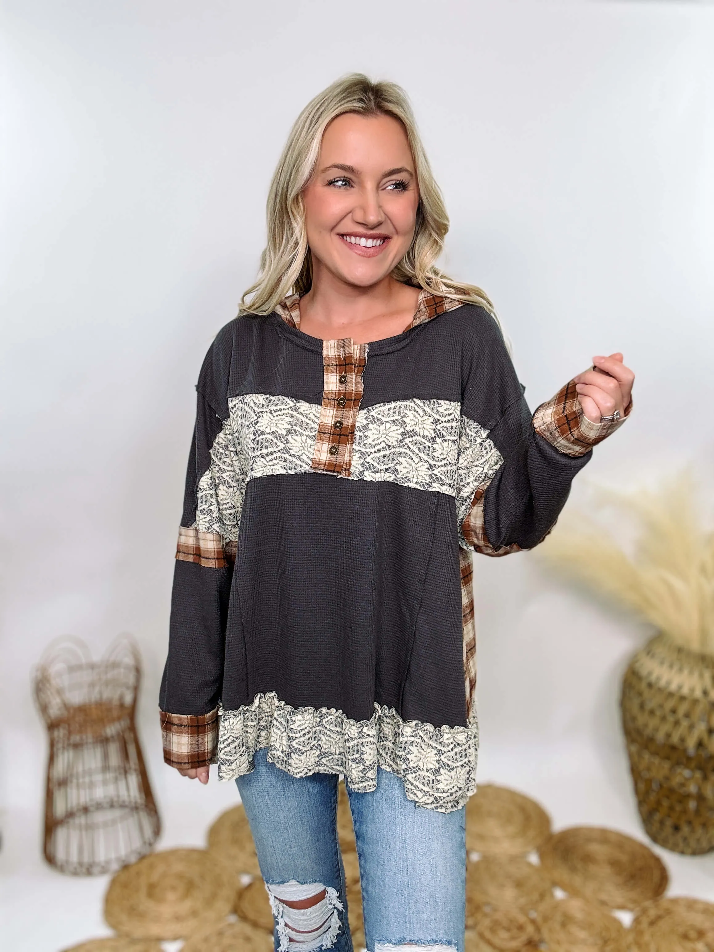 Charcoal Thermal Henley with Plaid Patchwork and Lace Details by POL