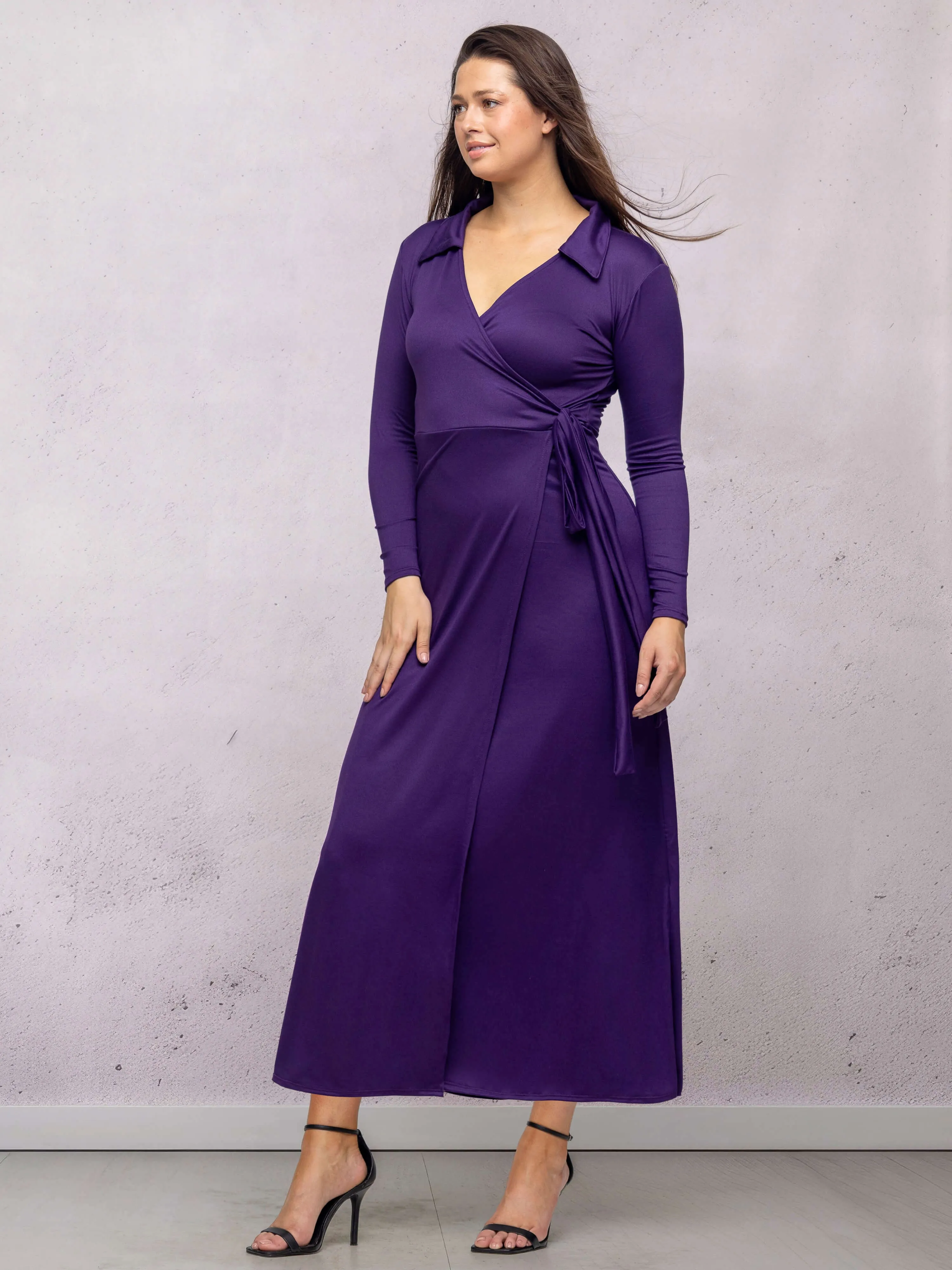 Comfortable Collared Wrap Maxi Dress