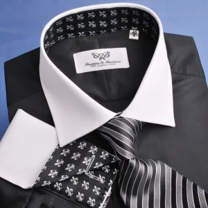 Contrast Collar Black Poplin Formal Business Dress Shirt with Designer Fleur-De-Lis Inner Lining