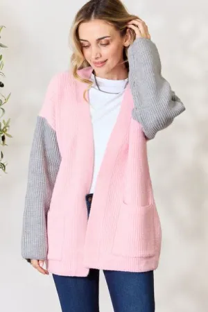 Contrast Open Front Cardigan with Pockets