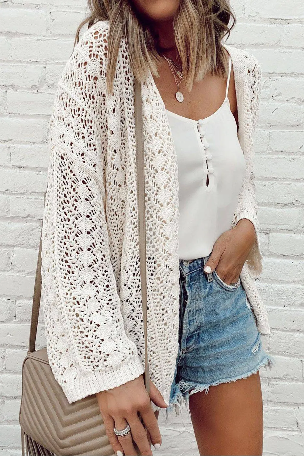 Dione Openwork Open Front Dropped Shoulder Cardigan