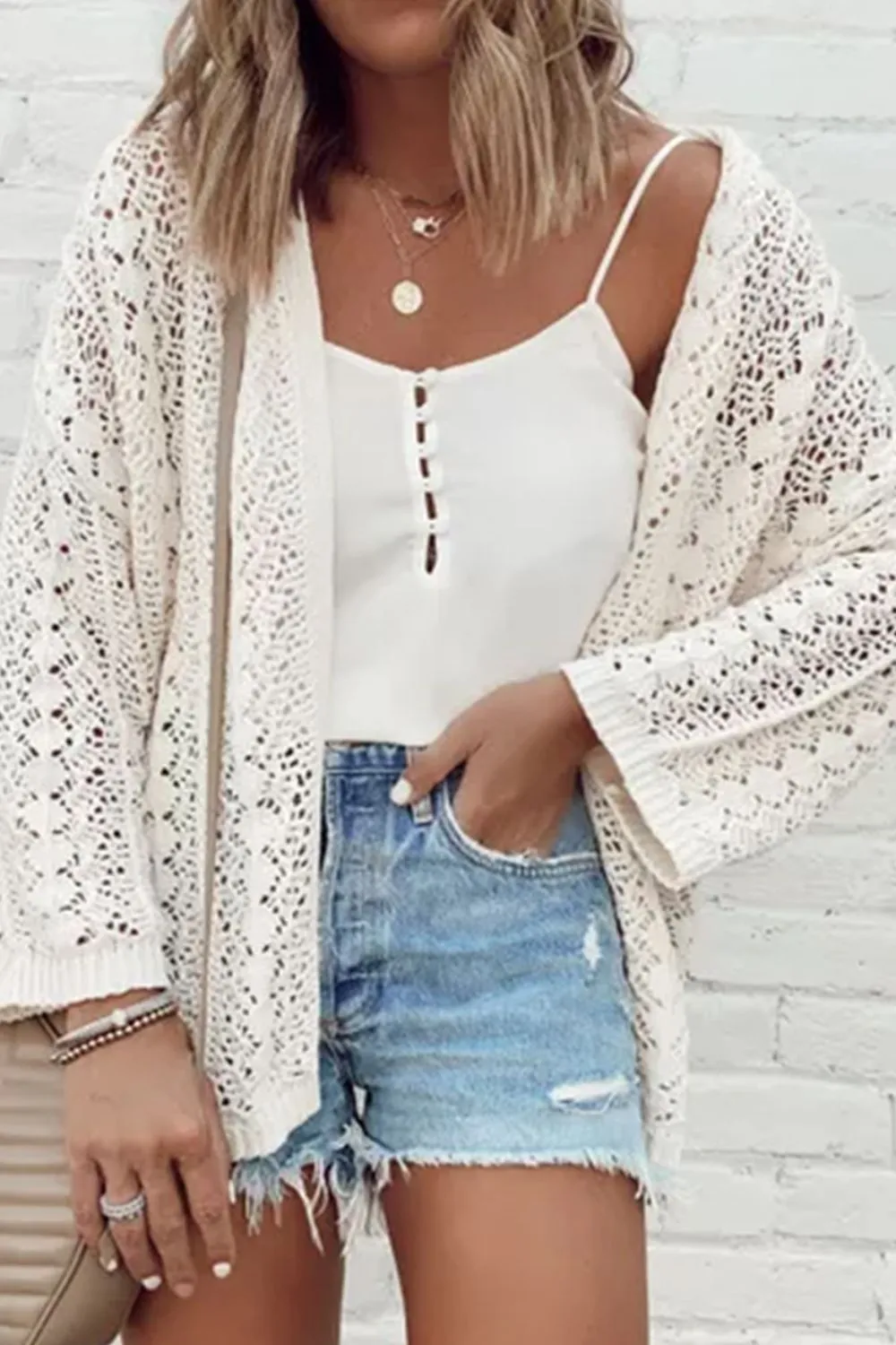 Dione Openwork Open Front Dropped Shoulder Cardigan