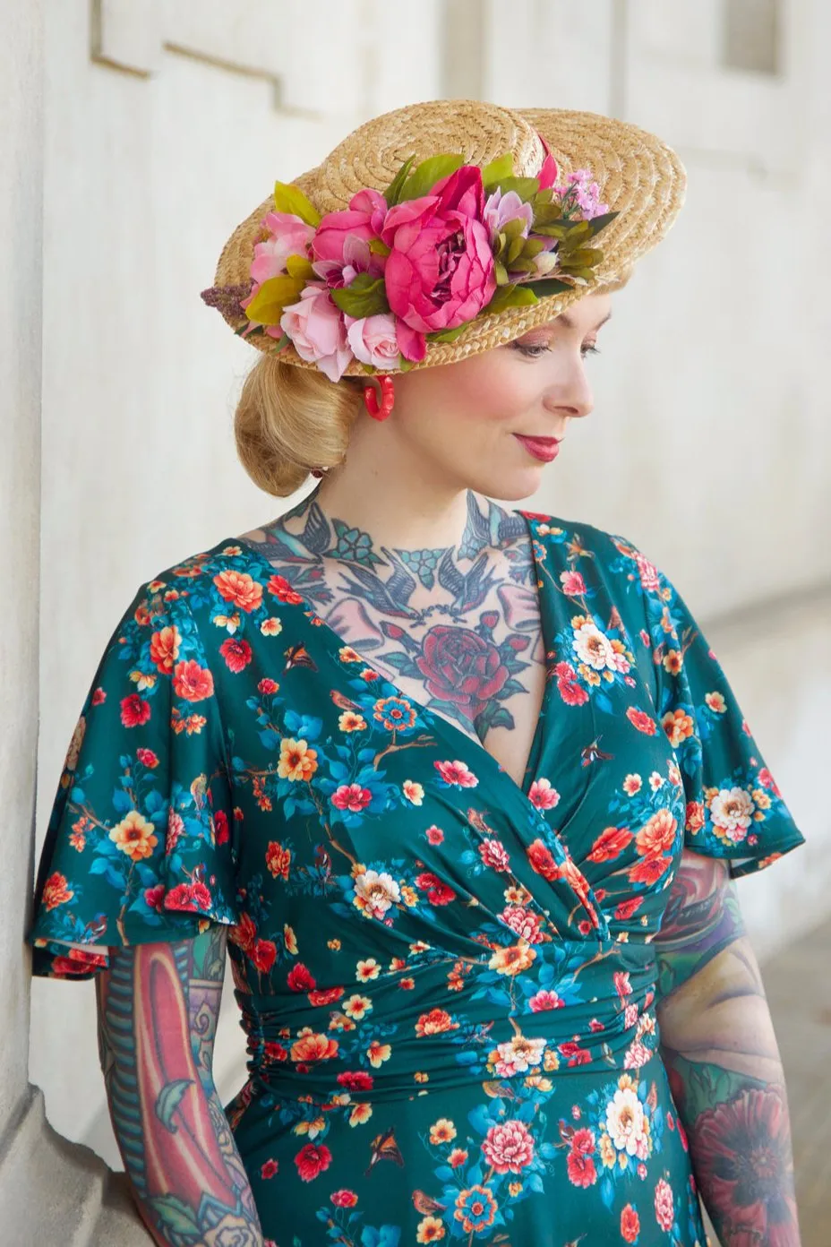 Donna Green Vintage Floral Crossover Bust Dress