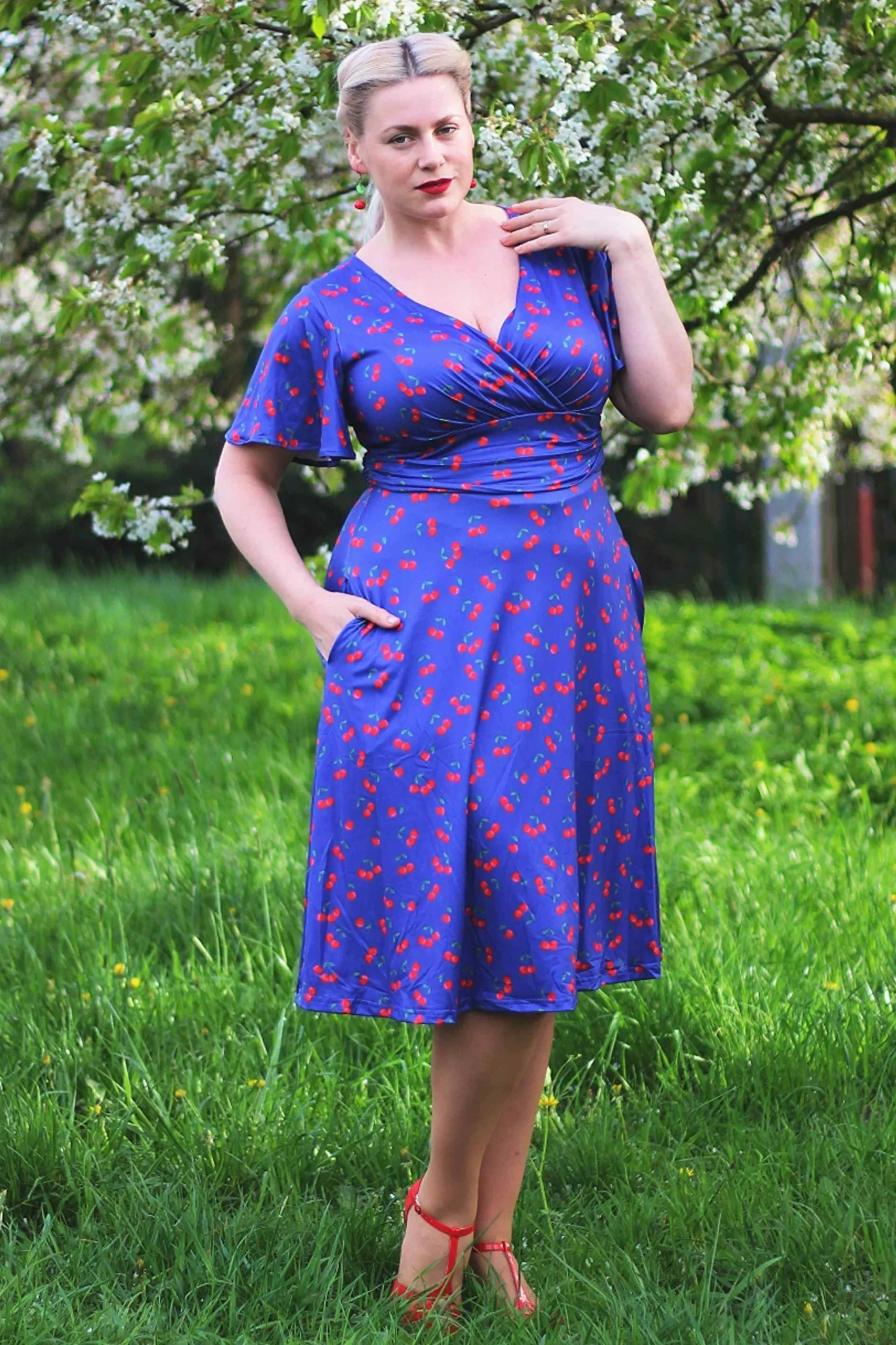 Donna Navy Blue Tea Dress in Cherry Fruit Print