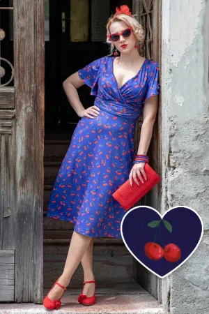 Donna Navy Blue Tea Dress in Cherry Fruit Print