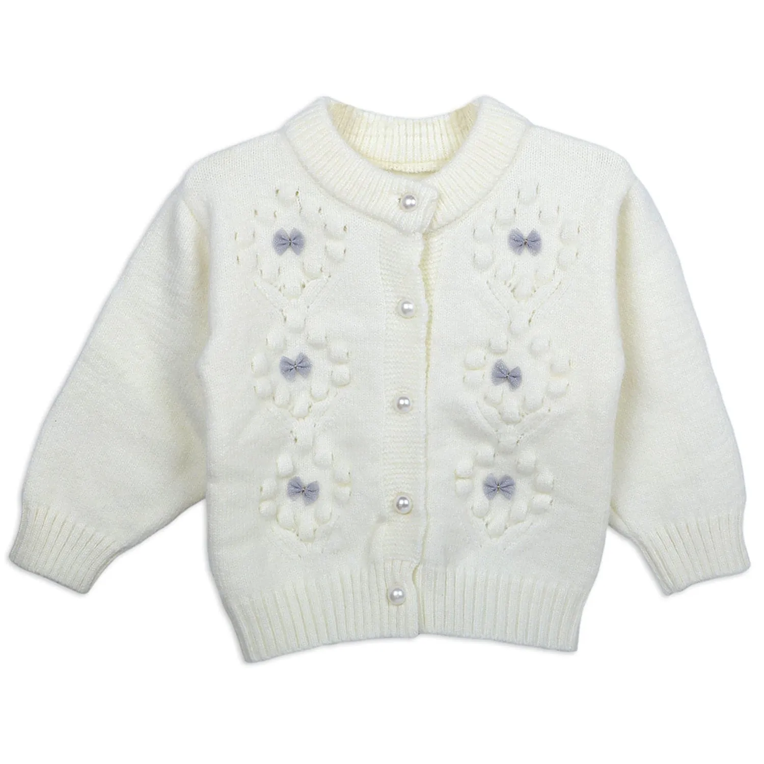 Elegant Bow And Pearl Buttons Premium Full Sleeves Knitted Sweater - Off White