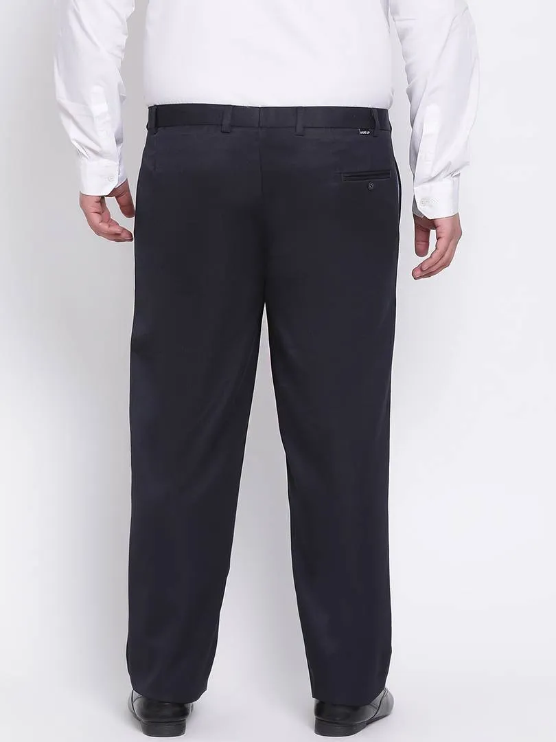 Elegant Navy Blue Polyester Viscose Solid Regular Trousers For Men