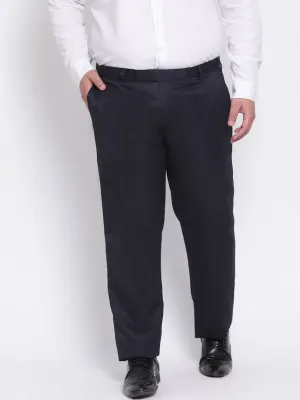 Elegant Navy Blue Polyester Viscose Solid Regular Trousers For Men