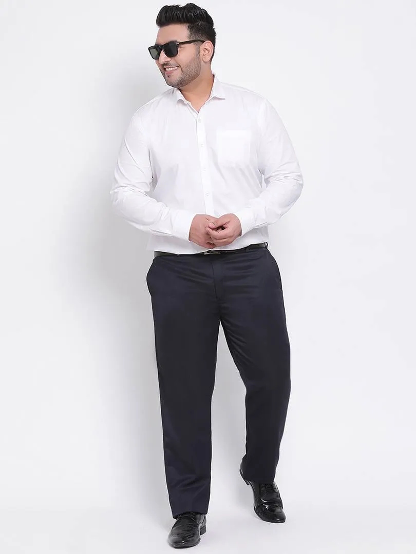 Elegant Navy Blue Polyester Viscose Solid Regular Trousers For Men