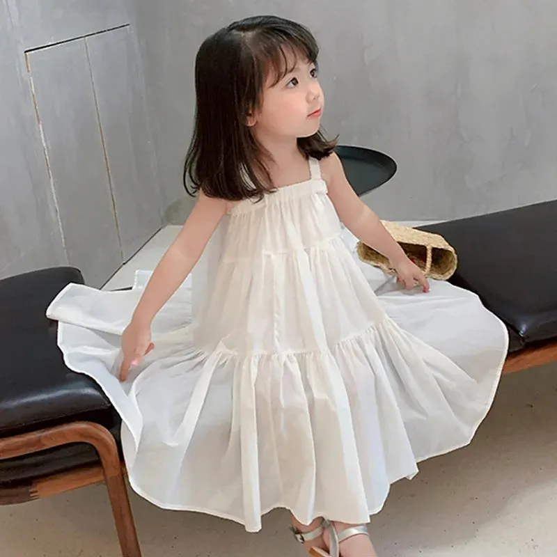 Girls Dresses Summer 2022 Korean Style Cool Casual Children'S Clothing Cake Princess Dress Baby Kids Suspender Beach Vestidos