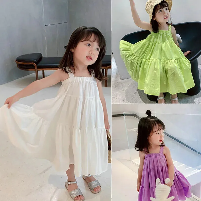 Girls Dresses Summer 2022 Korean Style Cool Casual Children'S Clothing Cake Princess Dress Baby Kids Suspender Beach Vestidos