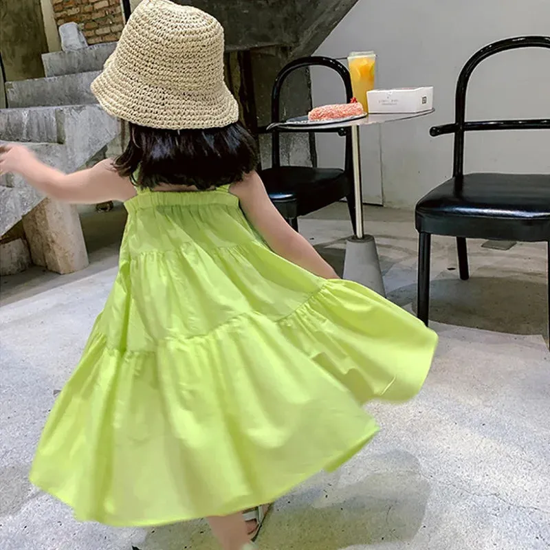 Girls Dresses Summer 2022 Korean Style Cool Casual Children'S Clothing Cake Princess Dress Baby Kids Suspender Beach Vestidos