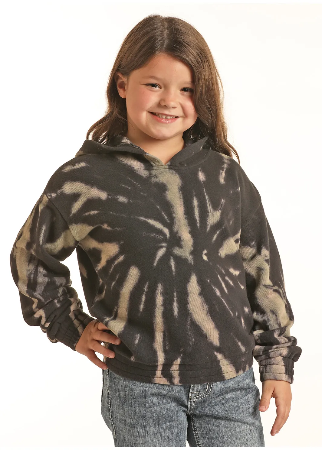 Girls Rock and Roll Denim Cropped Tie Dye Hoodie