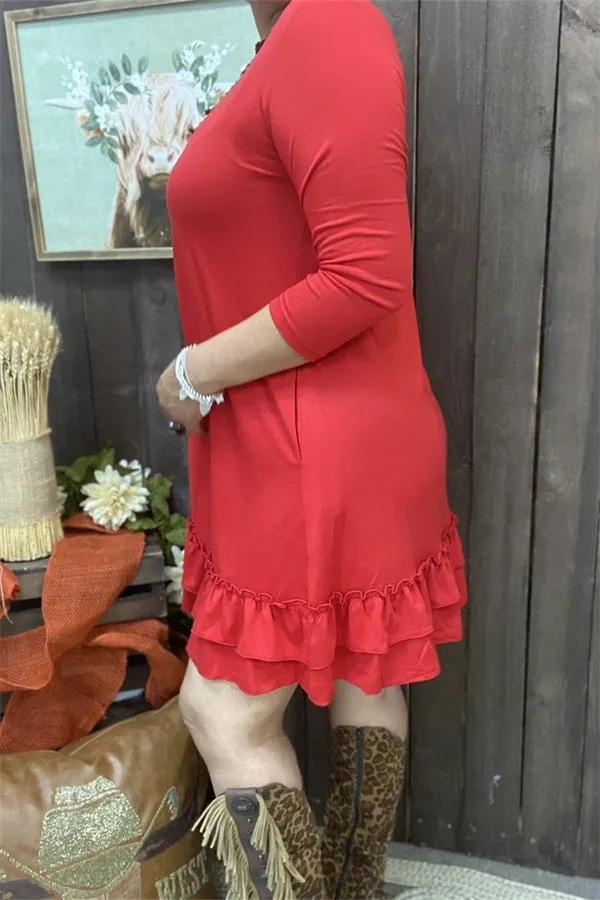 GJQ15500 Red solid color 3/4 sleeve double ruffle bottom w/side pockets women dresses