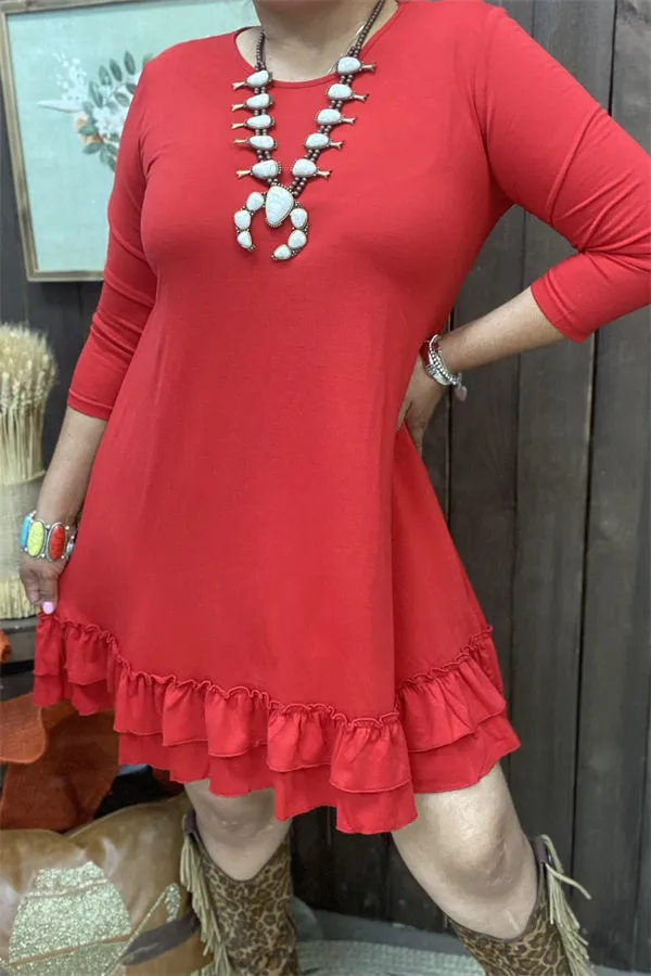 GJQ15500 Red solid color 3/4 sleeve double ruffle bottom w/side pockets women dresses