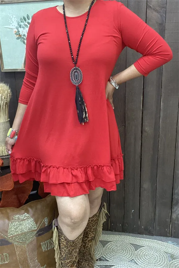 GJQ15500 Red solid color 3/4 sleeve double ruffle bottom w/side pockets women dresses