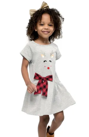 Hannah Banana Reindeer Face and Red Plaid Bow Holiday Dress