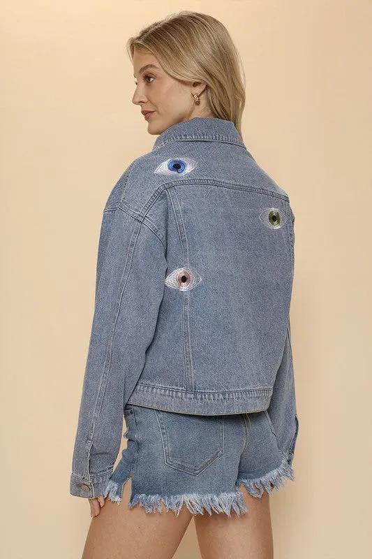 Hot Girl Evil Eye Embroidered Denim Jacket In Medium Wash