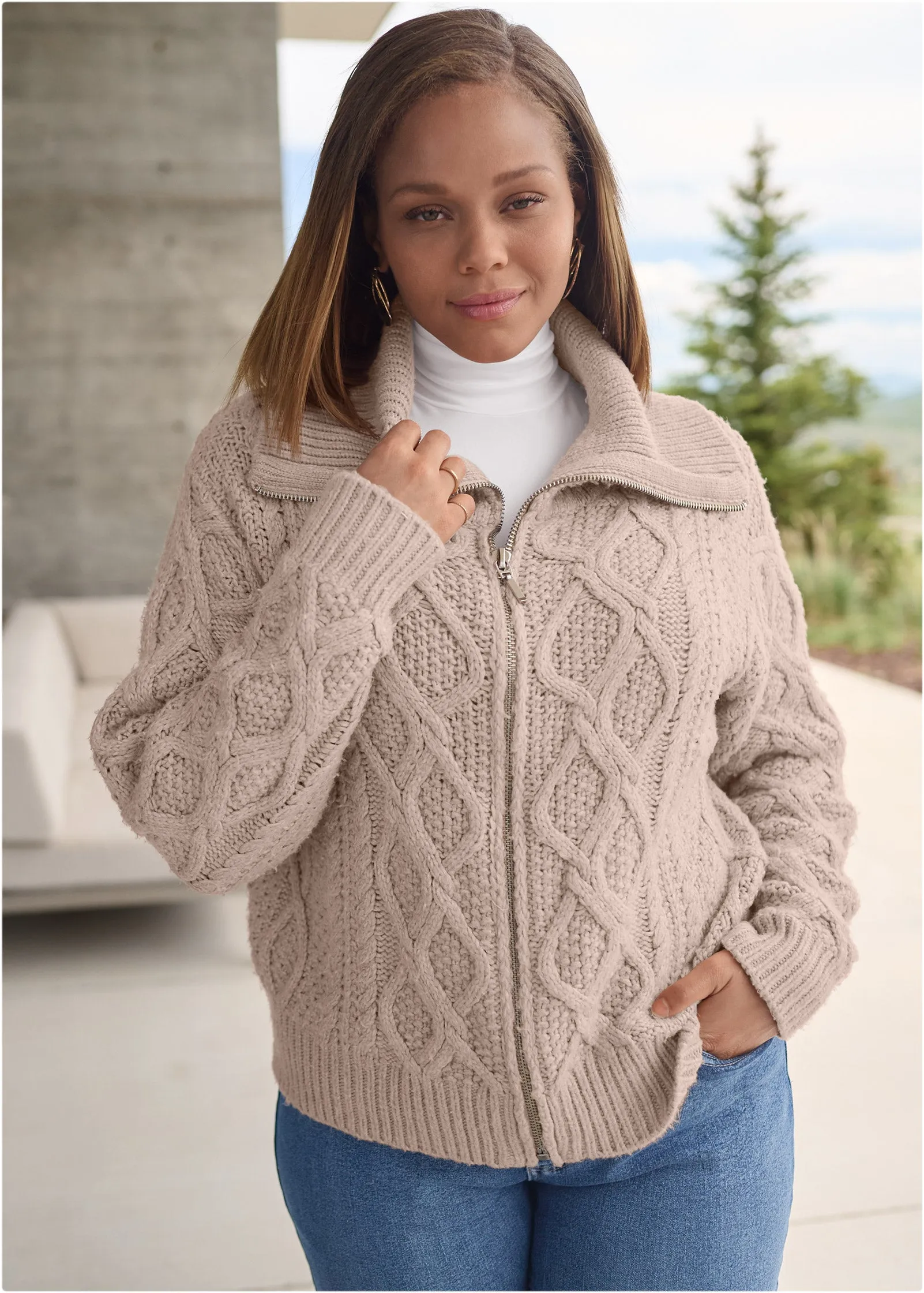 Knit Zip Sweater - Taupe