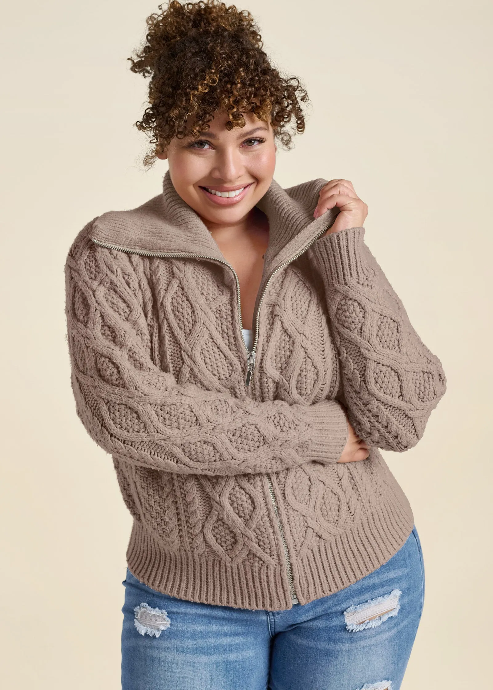 Knit Zip Sweater - Taupe