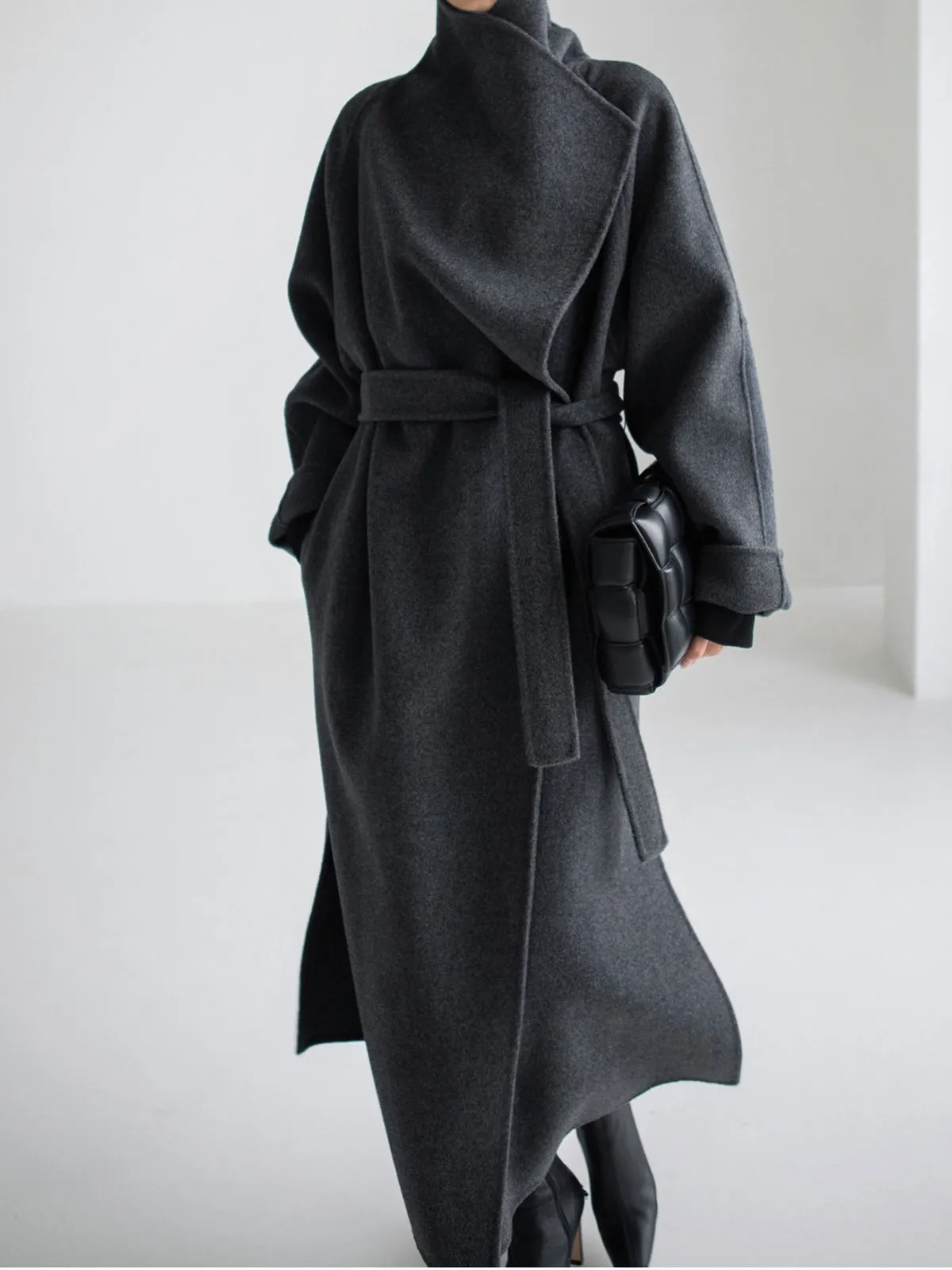 Lapel Double Face Wool Wrap Coat - Gray