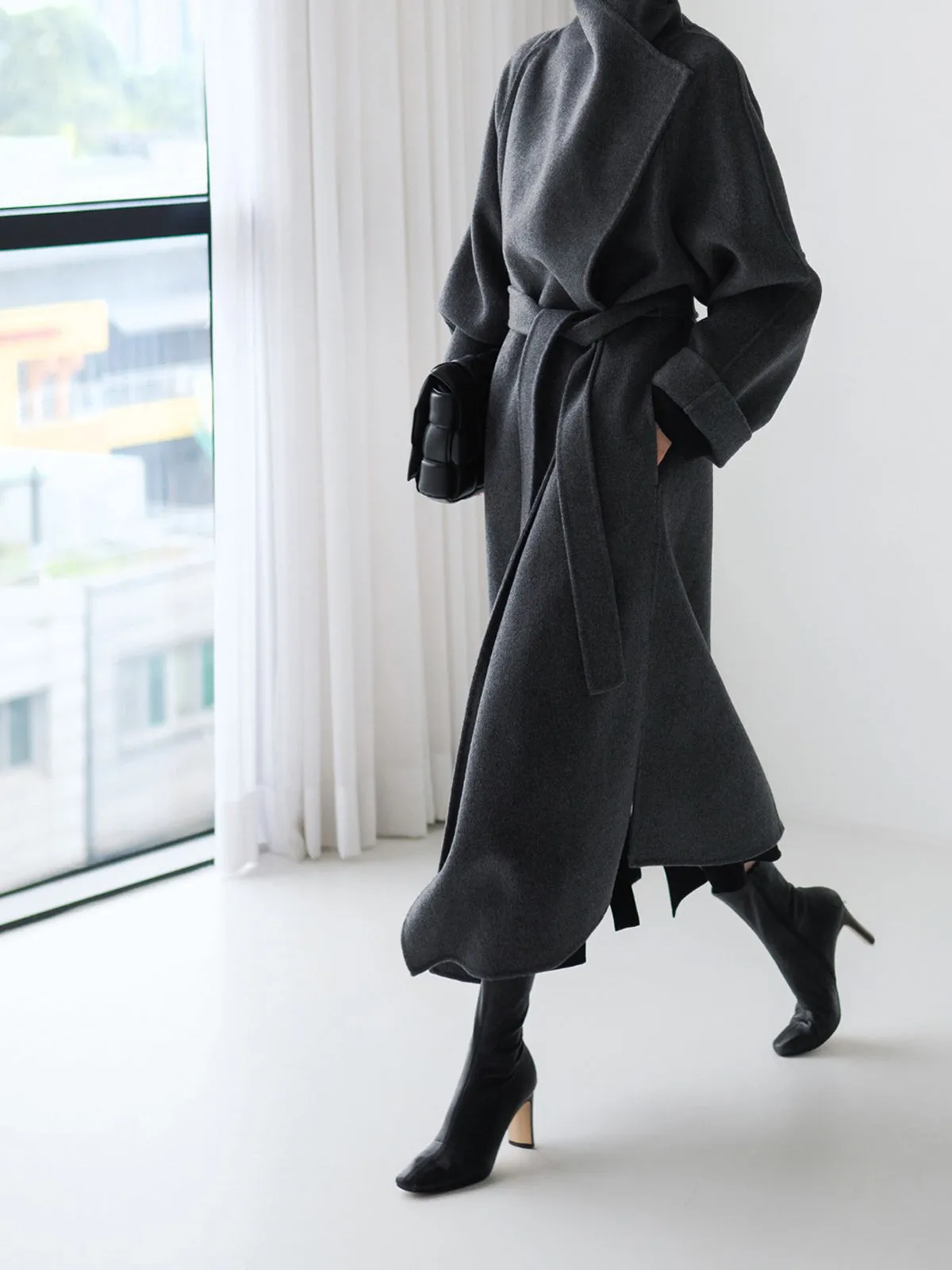 Lapel Double Face Wool Wrap Coat - Gray