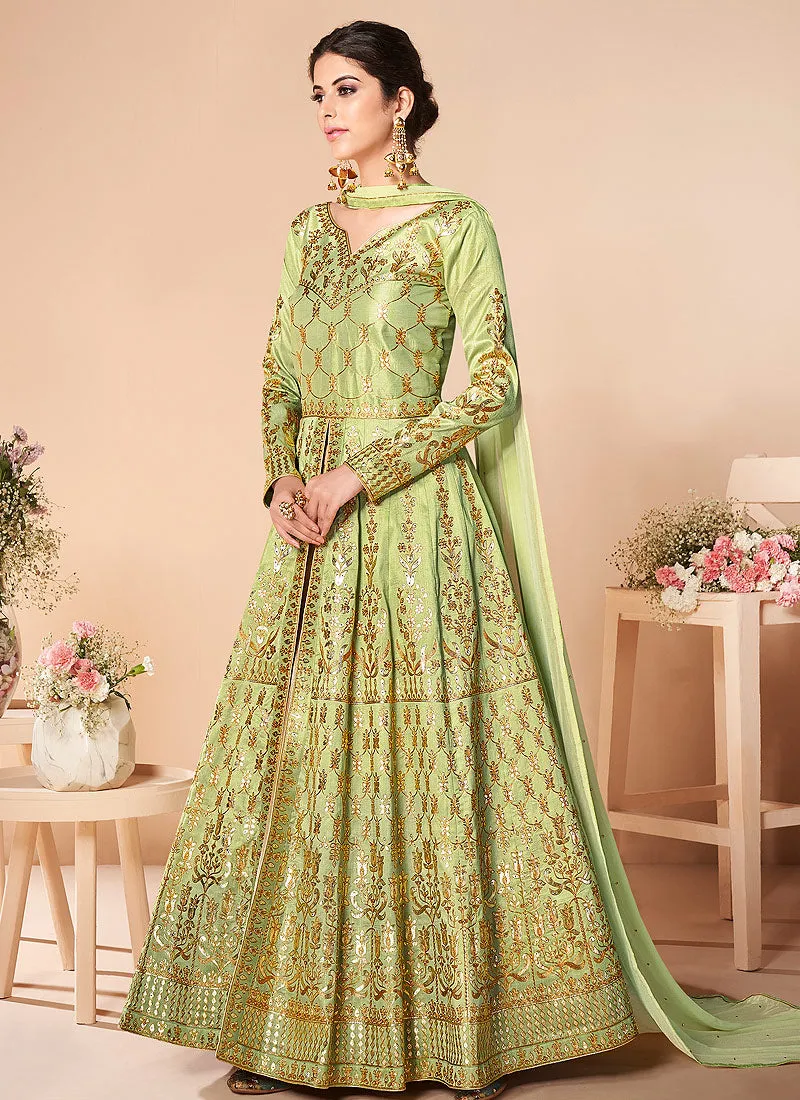 Light Green Embroidered Silk Anarkali Suit