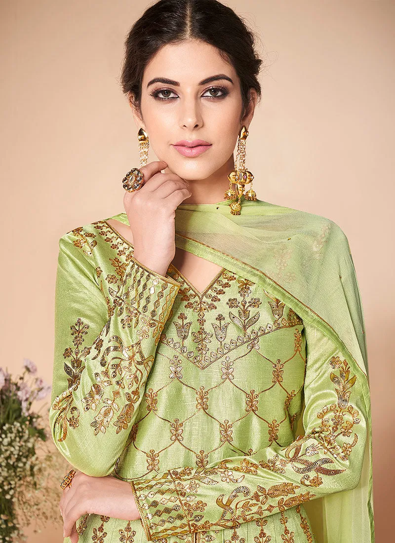 Light Green Embroidered Silk Anarkali Suit