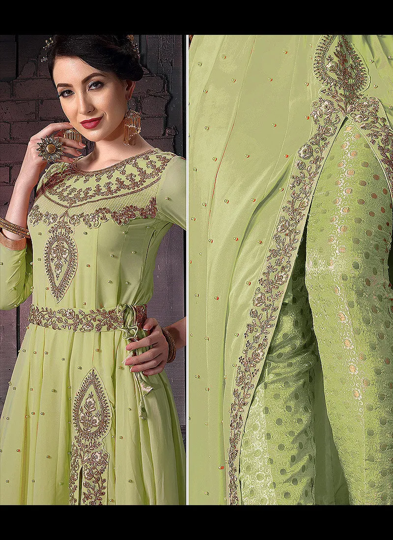 Light Green Embroidered Slit Style Anarkali Pants Suit