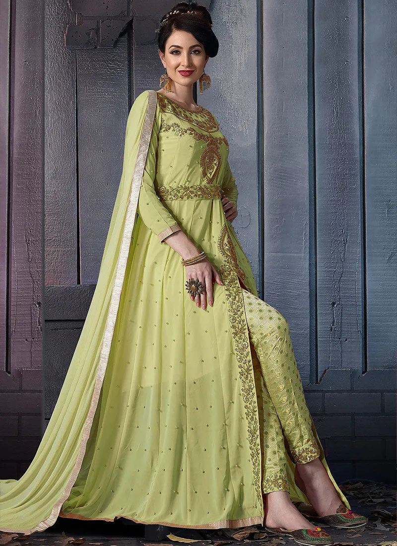 Light Green Embroidered Slit Style Anarkali Pants Suit