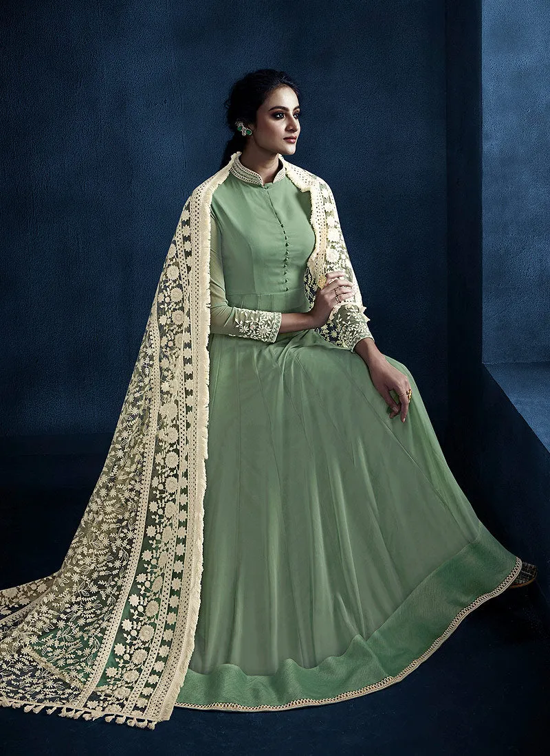 Light Green Lucknowi Anarkali Suit