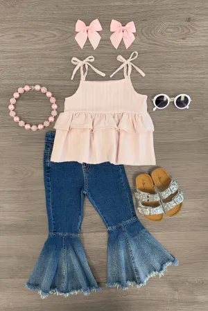 Light Pink Denim Bell Bottom Set