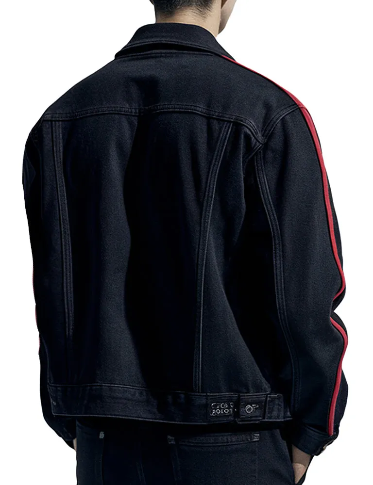 Men's Black Denim Jacket With Red Stripes